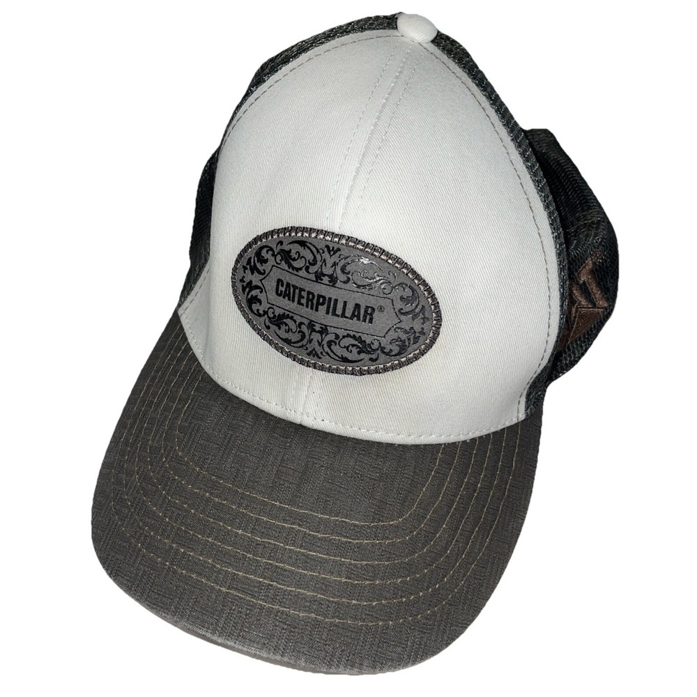 VTG CAT Caterpillar Trucker Hat Canvas 5‎ Panel Snapback Mesh Black Brown Patch